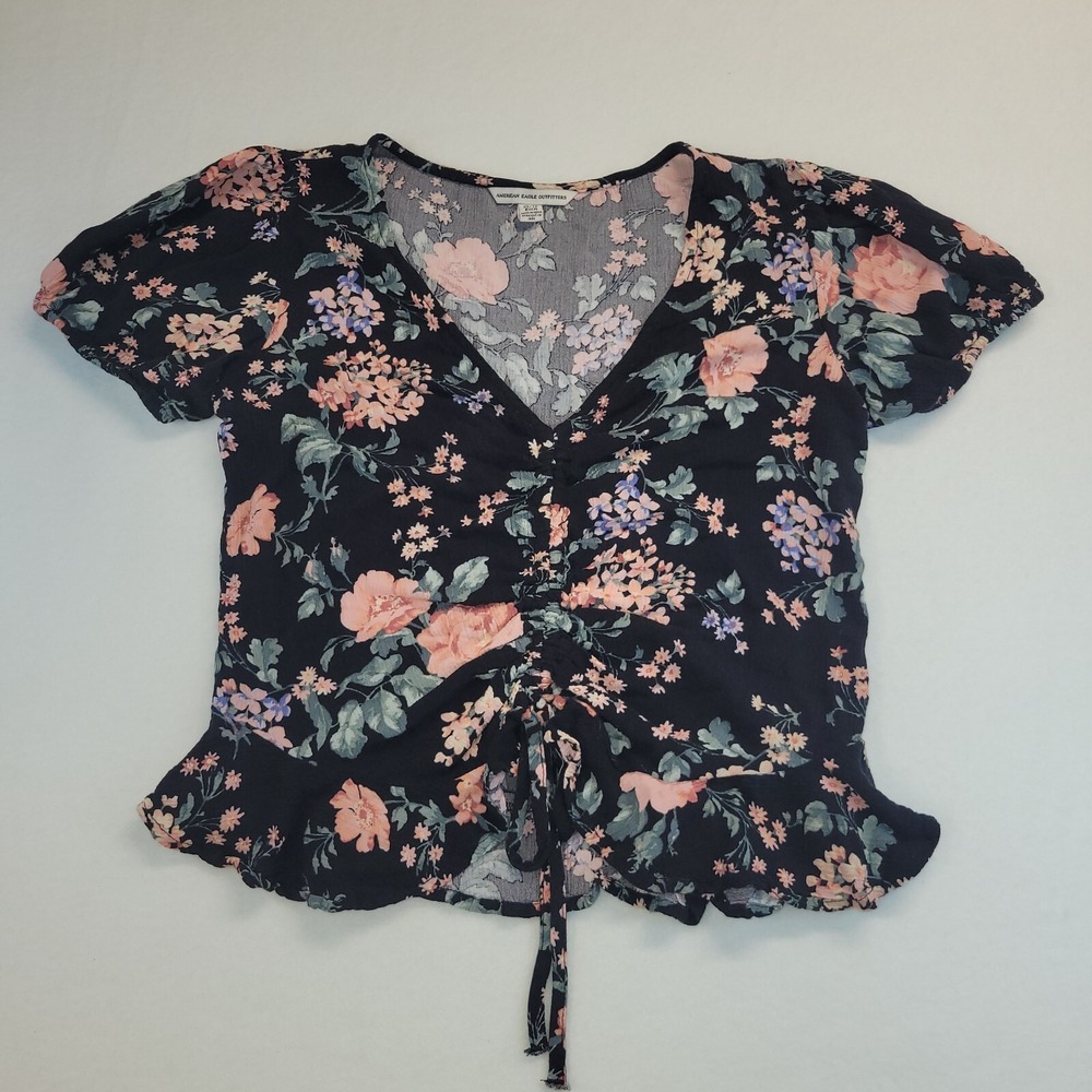 American Eagle Floral Cinched Front Peplum Blouse Navy Pink XS Short Sleeve
